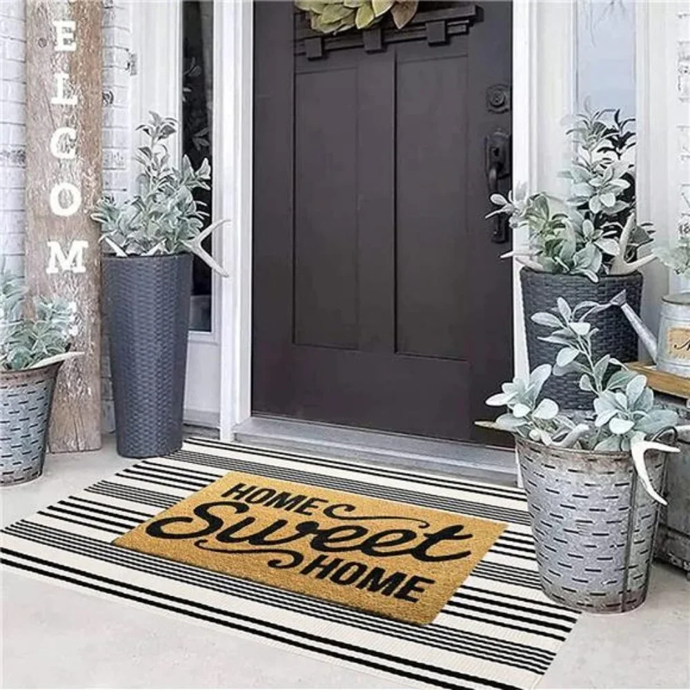Black & White Striped24'' x 51'' Front Porch Rug Hand-Woven Machine Washable Mat